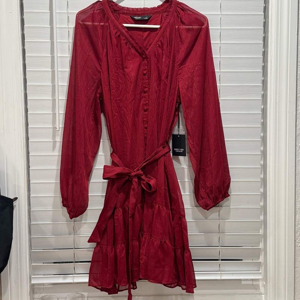 NEW Sz Large Simply Vera Deep Red Long Sleeve Dress Sheer Tiered Bow Feminine - Picture 2 of 12